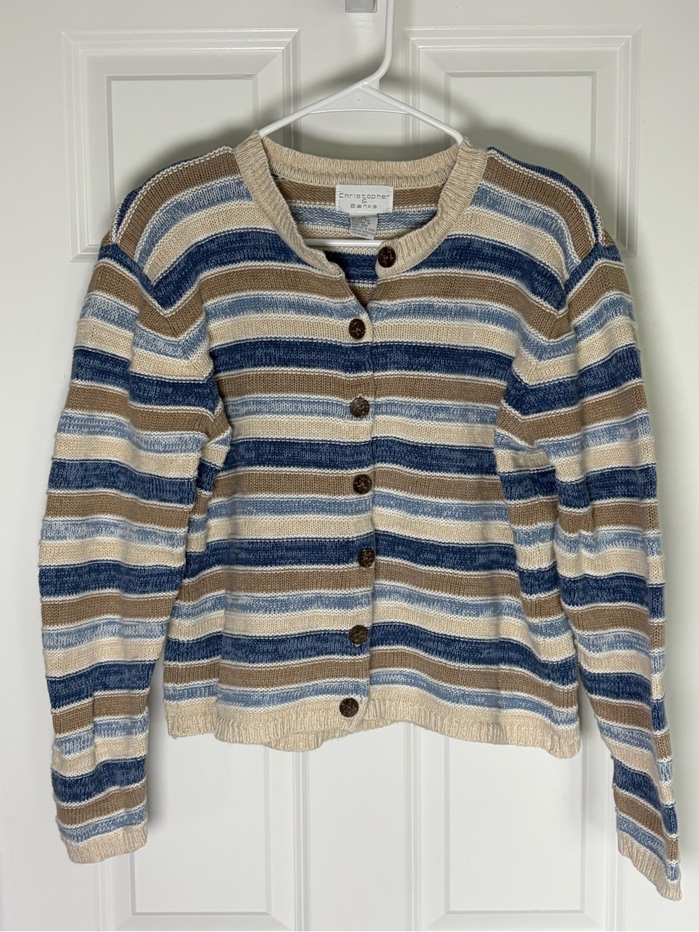 Christopher & Banks Y2K Blue, Cream & Tan Striped Button Down Sweater